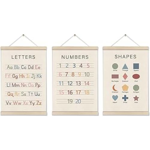 Set of 3 Alphabet Numbers Poster Hanger Frame, Preschool Learning Posters, Educational Canvas Wall Art, Montessori Nursery Wall, Toddler Room Decor for Boys Girls 16x12 Inch, Boho Classroom Decor