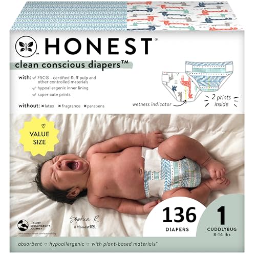 The Honest Company Clean Conscious Diapers | Plant-Based, Sustainable | Dots & Dashes + Multi-Colored Giraffes | Super Club Box, Size 1 (8-14 lbs), 136 Count