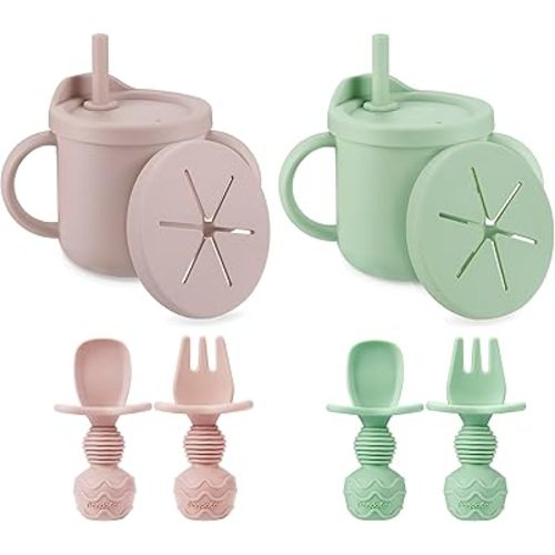 PandaEar 2 Pack Silicone Baby Straw & Snack Cup with 2 Spoons 2 Forks, Dual-Purpose Toddler Training Cups, Pink Green