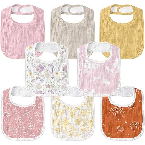 GLLQUEN BABY Muslin Drool Bibs for Boys Girls 8 Pack, Adjustable Baby Bibs for Drooling and Teething, Soft Cotton Baby Bandana Bibs for Newborn Feeding Essentials(Flower)