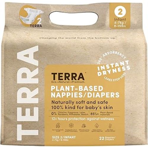 Terra Size 2 Diapers: 85% Plant-Based Diapers, Ultra-Soft & Chemical-Free for Sensitive Skin, Superior Absorbency for Day or Nighttime Diapers, Designed for Babies 8-15 Pounds, 22 Count