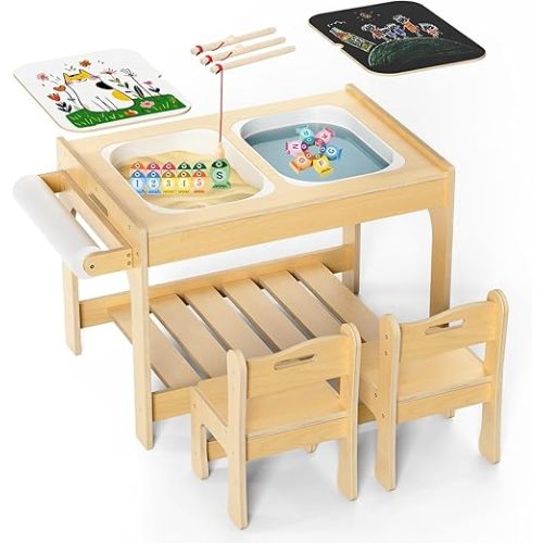 Sensory Table,Kids Sensory Table for Toddlers 1-3, Indoor, Montessori Toddler Activity with 2 Chairs, Sand and Water for Children with Fishing Game