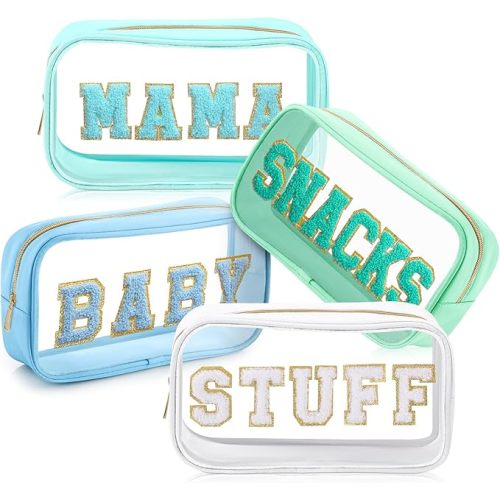 4 Pcs Mama and Baby Toiletry Bag Clear Chenille Letter Diaper Bag Pouch Snacks Makeup Stuff Travel Preppy Transparent Pouch with Zipper for Women Gift(Fresh Color)