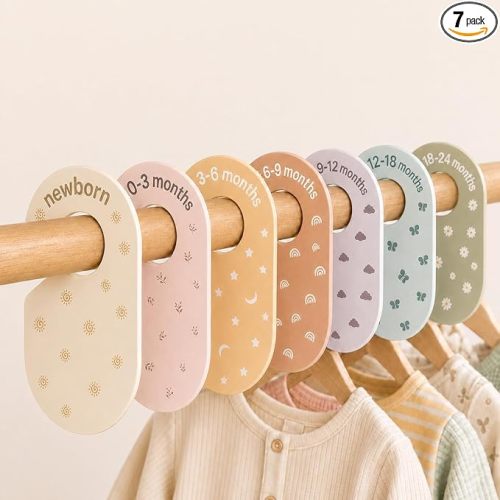 Baby Size Clothes Dividers for Closet: Nursery Hanger Month Dividers for Clothing Organizer - Set of 7 Infant Age Separators from Newborn to 24 Months for Boho Room Decor