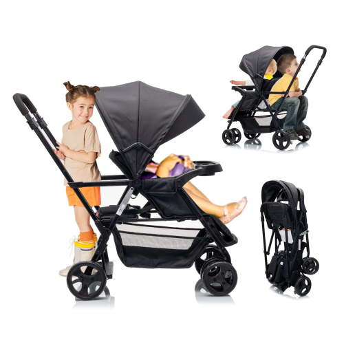 Funyard sit upright double lightweight travel stroller, with standing platform,Canopy,Tray Table