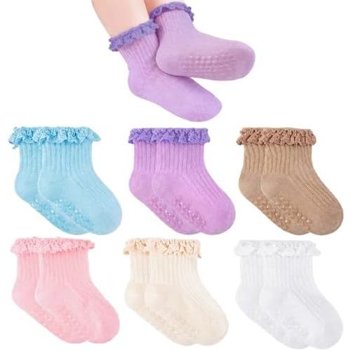Baby Girl Ruffle Socks with Grips Soft Cotton Non Slip Ankle Socks