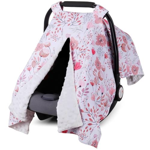 Rquite Car Seat Cover Baby, Carseat Covers Baby Girl, Minky Infant Car Seat Cover Winter, Peekaboo Opening Car Seat Canopy, Multi-use Baby Carrier, Stroller, Nursing Cover, Minky Blanket, Pink Flower