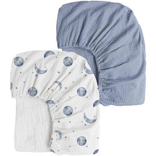 Konssy Muslin Crib Sheets 2 PCS, 100% Cotton Baby Crib Sheets for Standard Crib Mattress (28"x 52"), Soft and Breathable for Boys, Girls (Planet,Navy)