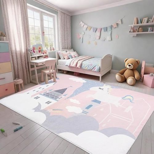 ABREEZE Kids Rug Play Mat Ultra Soft Rugs for Living Room, 5'x6.6' Non Slip Pink Unicorn Children Nursery Rug Kids Carpet for Bedroom Decor Playroom Living Room