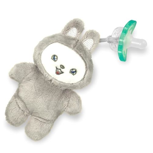 RaZbaby RaZbuddy LuLu Plush Pacifier Holder with Detachable JollyPop Pacifier, 0M+, 100% Medical Grade Silicone, Machine Washable Designer Stuffed Animal (Gray Bunny)