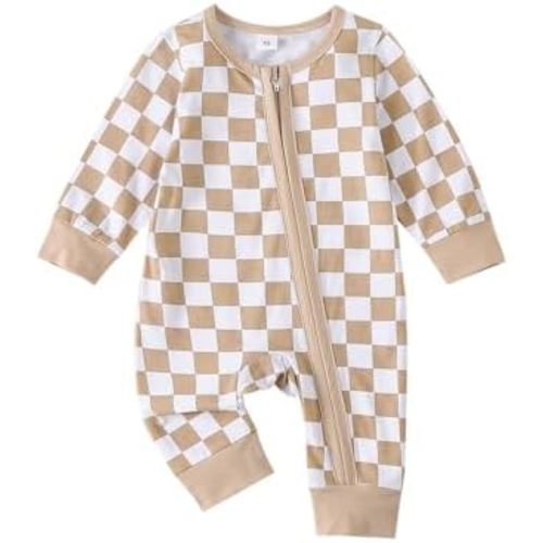 Karuedoo Newborn Baby Boy Girl Clothes Checkered Long Sleeve Zipper Romper Jumpsuit One Piece Bodysuit Fall Winter Outfit
