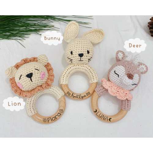 Custom Baby Shower Gift · Engraved Animal Crochet Rattle with Name · Personalized Wooden Baby Rattle Ring · Newborn Gift