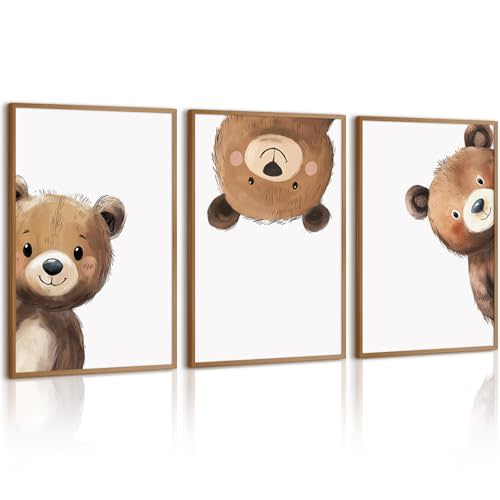 Bear Nursery Wall Art Decor Kids Canvas Poster Baby Boy Nursery Wall Decor Woodland Animal Pictures Teddy Peeking Bear Prints Cute Brown Painting Neutral Artwork Bedroom 12x16 Inch Unframed Set of 3