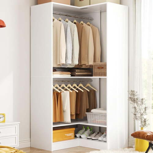 Homieasy Corner Closet System, 31" Modular Corner Closet Organizer System with 2 Hanging Rods and Shelves for Walk-in Closet, Bedroom, White