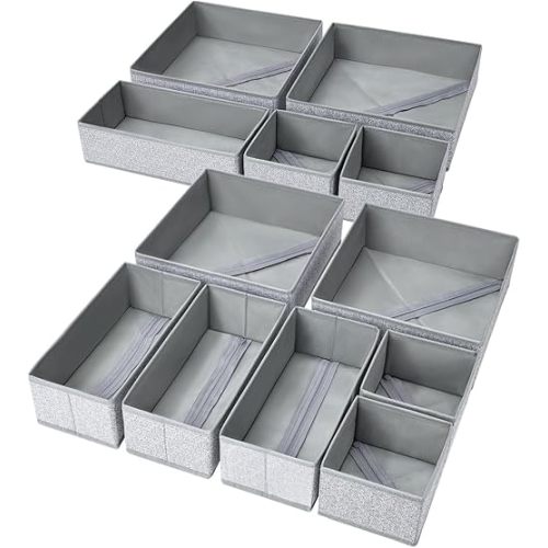 DIMJ Drawer Organizers - 12 Pack Foldable Closet & Sock Organizers, Fabric Dresser Drawer Dividers for Clothes, Underwear, Bras, Socks