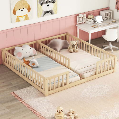Noble House Finbar Double Twin Floor Bed with Fence Guardrails, Pine and Engineered Wood Frame for Kids, Natural