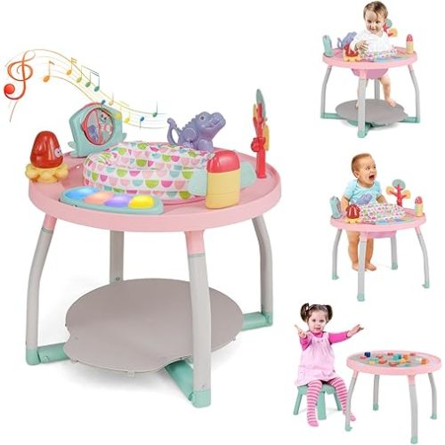 HONEY JOY Baby Activity Center, 5 in 1 Infant Jumper & Standing Play Table w/ 360° Rotary Seat, 6 Toys, 3 Adjustable Heights, Lights, Music & Sounds, Activity Center for Babies 6-36 Months (Pink)