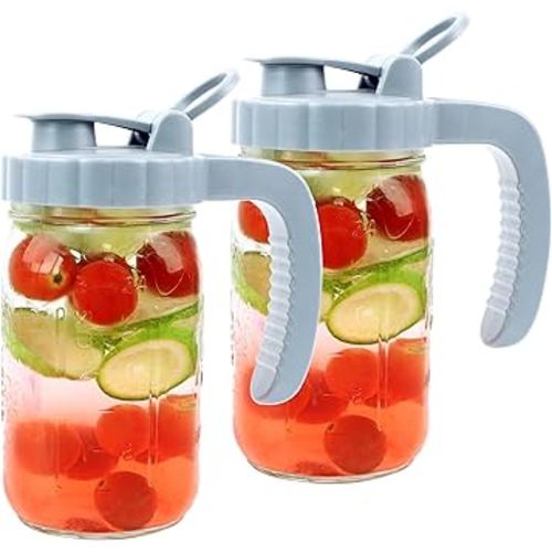 Mason Jar Pitcher 32 OZ (2 Pack) Glass Pitcher With Pour Spout Lids Airtight Leak Proof 1 Quart Wide Mouth Water Pitcher With Handle And Flip Cap For Iced Tea, Milk,Sun Tea,Lemonade,Juice,Iced Coffee