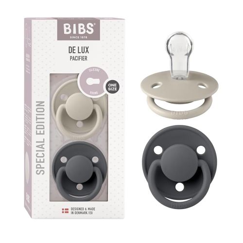BIBS Pacifiers OneSize | 2-Pack Soothers | BPA-Free Symmetrical Nipple | Made in Denmark | Sand/Iron De Lux Pacifier
