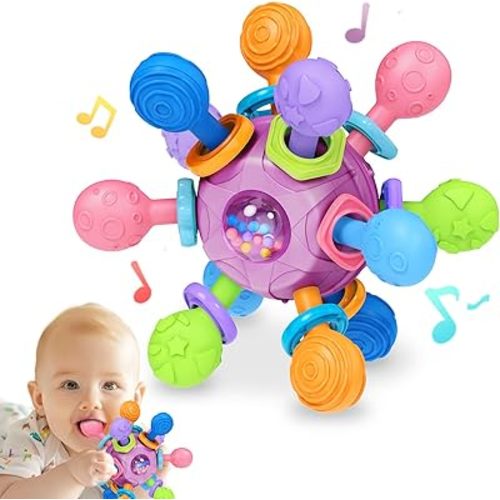 Baby Montessori Teething Toys 0-6 6-12 Month, Food Grade Baby Rattle Chew Sensory Teething Toys, Newborn Infant Learning Developmental Birthday Gifts for Boys Girls - Purple