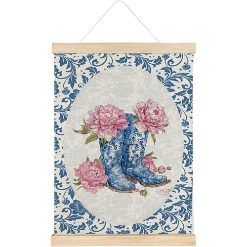 Qvapt Chinoiserie Western Wood Poster Hanger 12×16,Blue And White Chinoiserie Western Floral Poster Hanger Frame,Cowgirl Boots Wall Art For Living Room Bed Room Dorm,Cowgirl Teen Girls Gifts