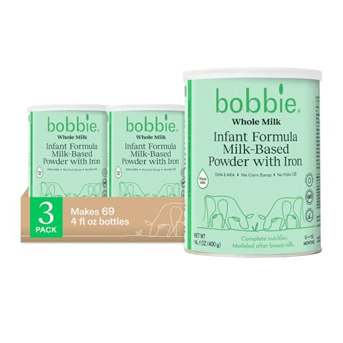 Bobbie Whole Milk, Grass Fed Infant Formula with Iron, Plant Based DHA and ARA, Vitamin D and Protein Blend Modeled After Breast Milk, For Newborn Baby to 12 Month Old, 14.1 oz, 3 Pack