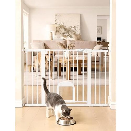 Babelio 29-48" Extra Wide Baby Gate with Adjustable Cat Door, CatPrivilege Ⅲ, Easy Install Pressure/Hardware Mounted, Auto Close Pet Door for Stairs, House, Doorways, Effortless Walk Thru, White
