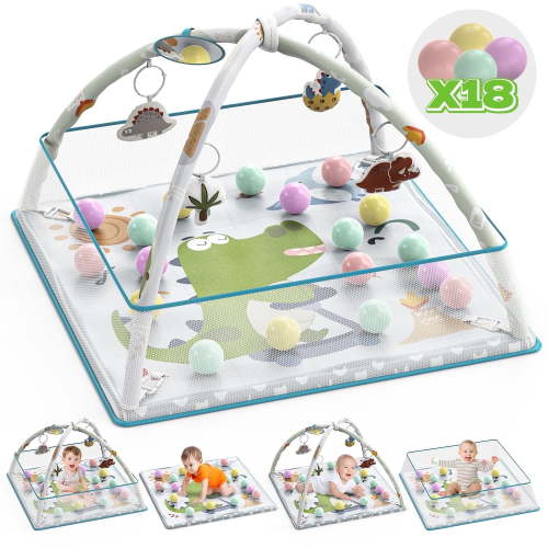 WonderStone 5-in-1 Baby Gym & Play Mat, Tummy Time Toys with Sensory Toys & 18 Balls for Newborns and Infants 0-12 Months, Dinosaur