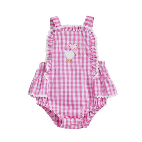 Baby Girl Plaid Outfit Goose Embroidery Sleeveless Ruffle Romper Farm Overalls Cute Infant Summer Clothes