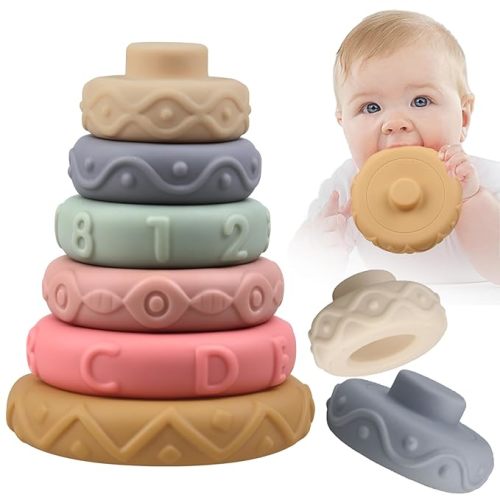 6 Pcs Stacking Rings Soft Toys for Babies Newborn 0 3 4 5 6 12 18 Months 1 Year Old Girls Boys - Toddler Sensory Educational Montessori Baby Blocks - Infant Development Teething Learning Tower