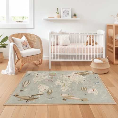 Vintage World Map Kids Play Rug, Airplane and Hot Air Balloon Design, Rectangle Kids Carpet, Nursery Decor for Children