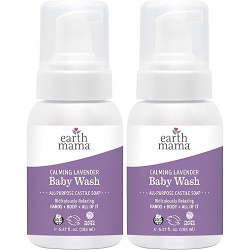 Earth Mama Calming Lavender Baby Wash Liquid Foaming Hand Soap, Organic All-Purpose Lavender Body Wash for Sensitive Skin, Castile Soap with Coconut Oil, Shea Butter, & Calendula, (Packaging May Vary)
