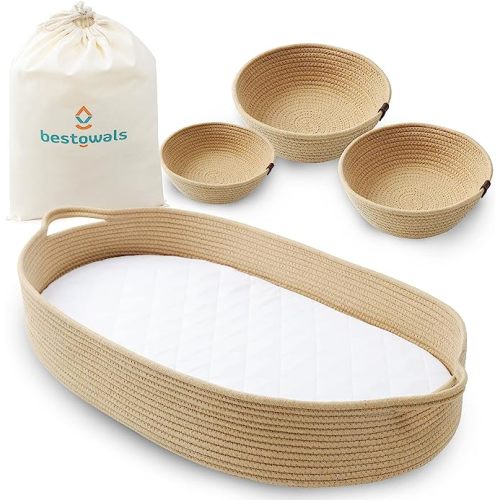 BESTOWALS Baby Changing Basket for Baby Dresser, Moses Basket for Babies, Comfortable and Stylish Cotton Rope Diaper Changing Basket with 3 Small Baskets, Easy to Carry - BROWN