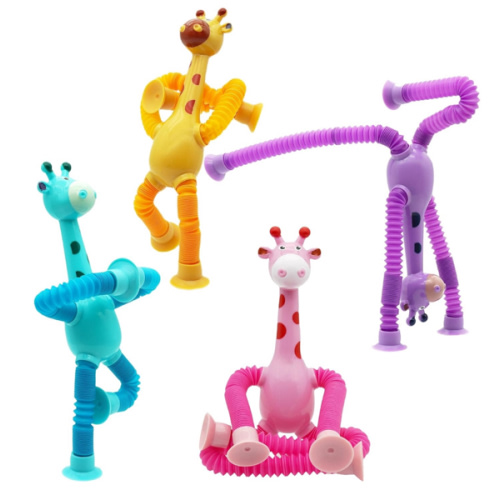 Pop Tube Giraffe, 4 Pack Telescopic Suction Cup Giraffe Toy, Stretchy Giraffe Suction Toy, Airplane Travel Essentials Kids (4 Pack)