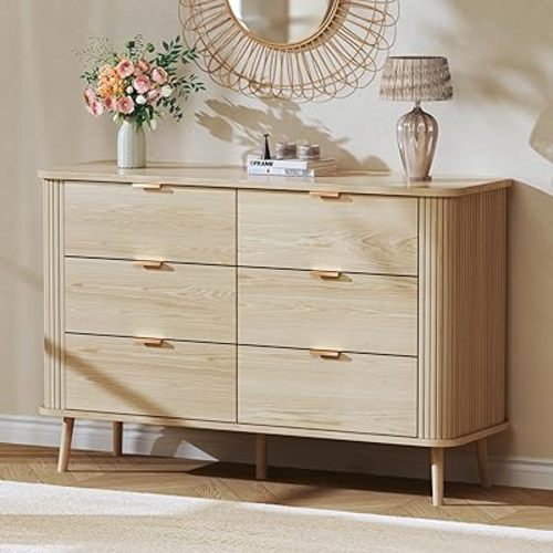 Fluted 6 Drawers Dresser for Bedroom, Mid Century Modern Closet Dresser & Chests of Drawers, Curved Profile Design, Dresser TV Stand, Wood Storage Dresser for Bedroom, Entryway, Hallway, Oak