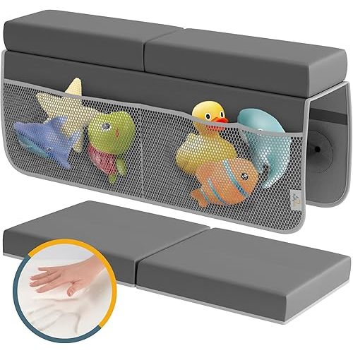 Memory Foam Bath Kneeler and Elbow Rest Pad Set, 2-Inch Thick, Water-Resistant Mat – Baby Bath Time Essentials Cushion and Bath Kneeling Pad for Bathing Baby with Bathtub Toy Organizer.