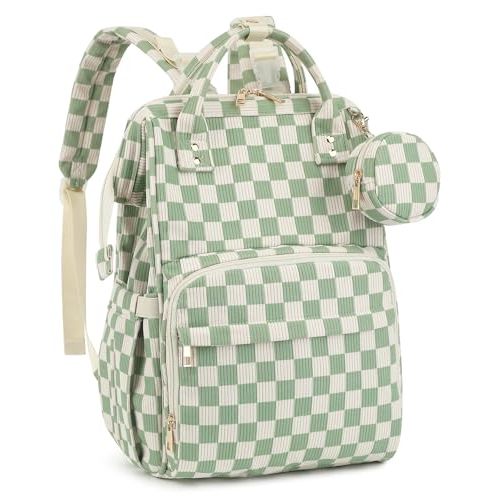 Corduroy Diaper Bag Backpack, Large Capacity Multifunction Baby Diaper Bags for Women, Insulated Bottle Pockets & Pacifier Case, Stylish Travel Nappy Changing Bags for Mom Dad (Checkered Green)