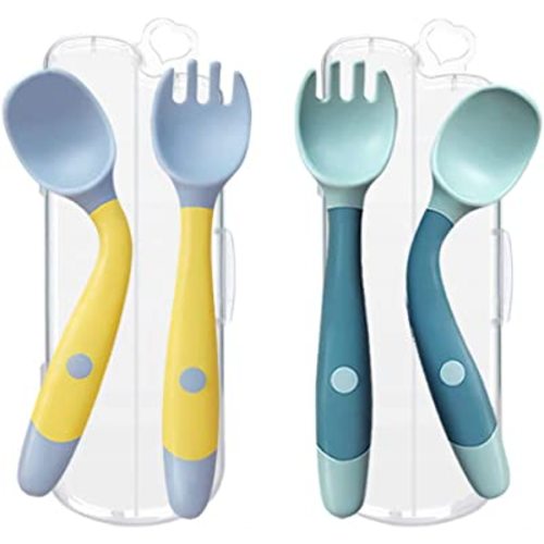 Toddler Utensils with Travel Case, Baby Spoon and Fork Set for Self-Feeding Learning Bendable Handle Silverware for Kid Children (2 Set, Yellow&Green)