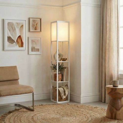 Brightech Maxwell Mid-Century (Includes LED Light Bulb) Column Shelf Floor Lamp Polished White Wood