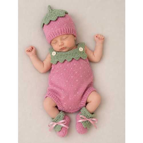 Strawberry Knit Romper, Beanie and Booties Set | Newborn Photo Outfit, Baby Shower Gift | Pink Knit Outfit