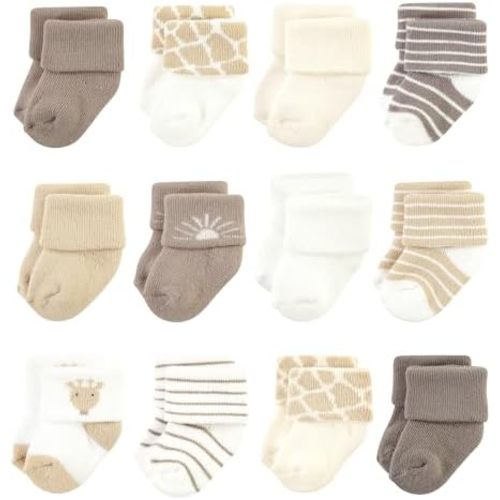 Hudson Baby Unisex Baby Cotton Rich Newborn and Terry Socks, Modern Giraffe, 6-12 Months