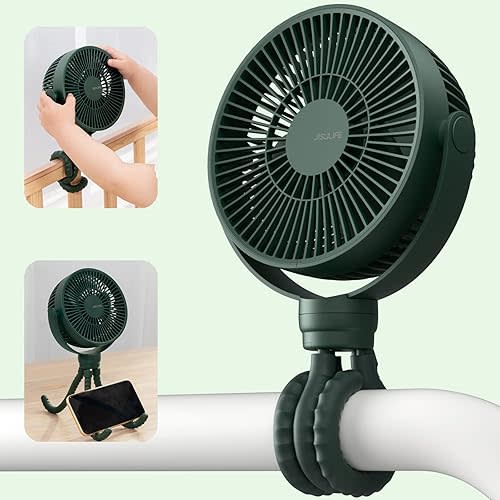 JISULIFE Mini Stroller Fan 4000mAh Battery Operated with 4 Speeds, Rechargeable 720°Rotatable, Clip on for Baby Carseat/Crib/Golf Cart/Treadmill -Green