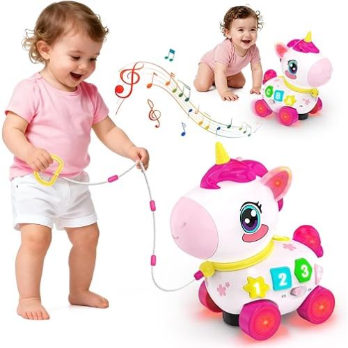 Bilingual Musical Crawling Toy for 1 Year Old Girl Gifts,Musical Unicorn Toys for Baby 6-12 Months,Baby Toys 6-12-18 Months,Toddler Educational Toy,Birthday Gifts with Music Light,Baby