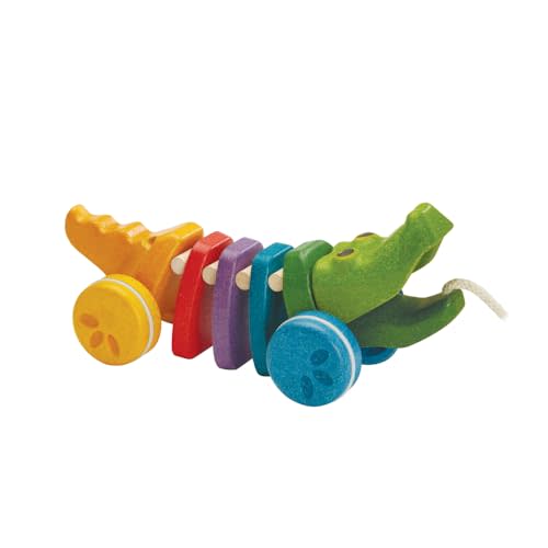 PlanToys Dancing Alligator Push & Pull Toy - Sustainably Made from Rubberwood, Makes Click-Clack Sounds and Dancing Movements when Pulled (Rainbow)
