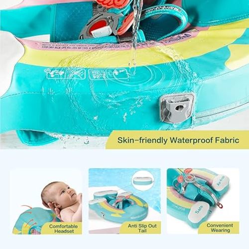 Upgraded Baby Pool Float Newest Mambobaby Swim Float Non-Inflatable Baby Floats with Canopy for 3-24 Months Float for Infant Swim Ring - Green Rainbow