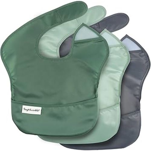 Tiny Twinkle Mess-Proof Baby Bibs for Eating | Waterproof, Wipeable Toddler Bibs with Catch-All Pocket | Feeding Bibs for Girls & Boys(3 Pack,Olive. Slate)
