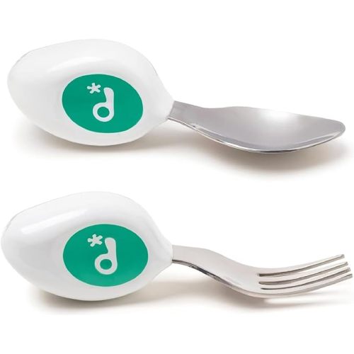 doddl Toddler Utensils, Ergonomic Fork and Spoon Set for Self Feeding, Stainless Steel Silverware for 1-3 Year Olds, BPA Free, Dishwasher Safe (Aqua) - 2 Piece Set (Fork, Spoon)