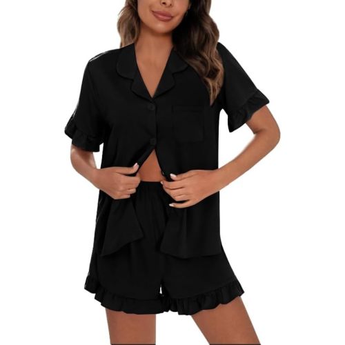 SWOMOG Woman Pajama Set Short Sleeve Pjs Set 2Pcs Short Pajamas Button Down Ruffle Hem Sleepwear Soft Modal Loungewear