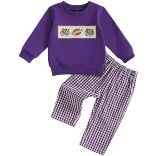 Toddler Baby Boy Football Outfit Tiger Elephant Embroidery Crewneck Sweatshirt Plaid Pants Set Fall Winter Clothes