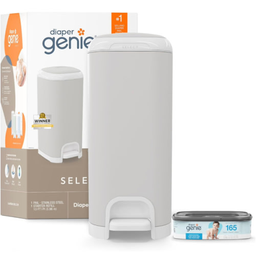 Diaper Genie Select Pail (Grey) is Made of Durable Stainless Steel and Includes 1 Starter Square Refill That can Hold up to 165 Newborn-Sized Diapers.